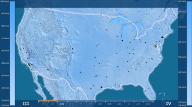Hız aya göre animasyonlu efsanesi - parlayan şekli, idari sınırları, ana şehirler, sermaye ile ABD anakara bölgesinde rüzgar. Sterografik projeksiyon