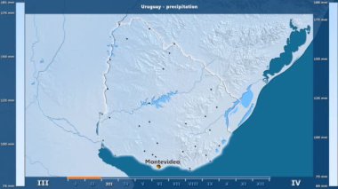 Animasyonlu efsanesi - İngilizce etiketleri ile Uruguay alan aya göre Yağış: ülke ve sermaye adları, açıklama göster. Sterografik projeksiyon