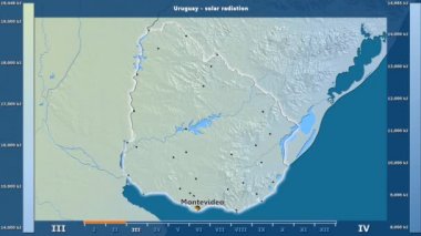 Aya göre güneş radyasyonu animasyonlu efsanesi - İngilizce etiketleri ile Uruguay alanında: ülke ve sermaye adları, açıklama göster. Sterografik projeksiyon