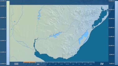 Animasyonlu efsanesi - ham renk shader ile Uruguay alanında güneş radyasyonu aya göre. Sterografik projeksiyon