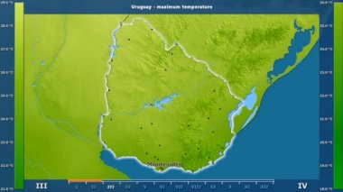 Aya göre maksimum sıcaklık animasyonlu efsanesi - İngilizce etiketleri ile Uruguay alanında: ülke ve sermaye adları, açıklama göster. Sterografik projeksiyon