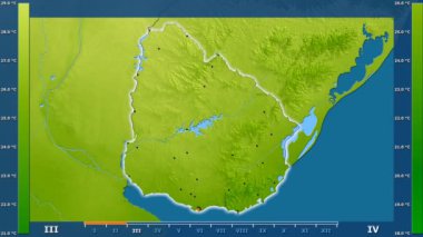 Animasyonlu efsanesi - parlayan şekli, idari sınırları, ana şehirler, sermaye ile Uruguay alanında maksimum sıcaklık aya göre. Sterografik projeksiyon