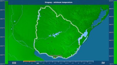 Animasyonlu efsanesi - İngilizce etiketleri ile Uruguay alanında aya göre minimum sıcaklığı: ülke ve sermaye adları, açıklama göster. Sterografik projeksiyon