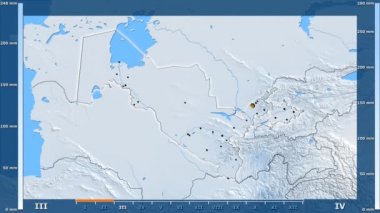 Animasyonlu efsanesi - parlayan şekli, idari sınırları, ana şehirler, sermaye ile Özbekistan alan yağış aya göre. Sterografik projeksiyon