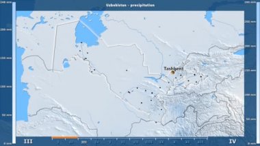 Özbekistan alan animasyonlu efsanesi - İngilizce etiketleri ile aya göre Yağış: ülke ve sermaye adları, açıklama göster. Sterografik projeksiyon