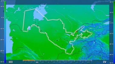 Animasyonlu efsanesi - parlayan şekli, idari sınırları, ana şehirler, sermaye ile Özbekistan alanında ortalama sıcaklık aya göre. Sterografik projeksiyon