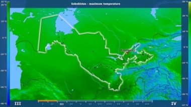 Aya göre maksimum sıcaklık animasyonlu efsanesi - İngilizce etiketleri ile Özbekistan alanında: ülke ve sermaye adları, açıklama göster. Sterografik projeksiyon