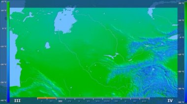 Average temperature by month in the Uzbekistan area with animated legend - raw color shader. Stereographic projection