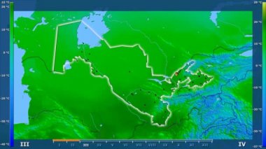 Animasyonlu efsanesi - parlayan şekli, idari sınırları, ana şehirler, sermaye ile Özbekistan alanında maksimum sıcaklık aya göre. Sterografik projeksiyon