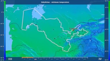 Özbekistan alanda animasyonlu gösterge - İngilizce etiketleri ile aya göre minimum sıcaklığı: ülke ve sermaye adları, açıklama göster. Sterografik projeksiyon
