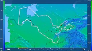 Animasyonlu efsanesi - parlayan şekli, idari sınırları, ana şehirler, sermaye ile Özbekistan alanında minimum sıcaklığı aya göre. Sterografik projeksiyon