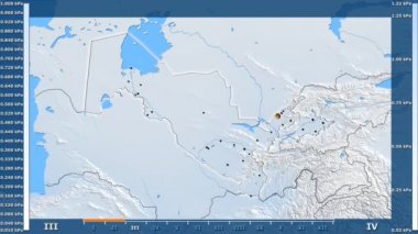 Animasyonlu gösterge - parlayan şekli, idari sınırları, ana şehirler, sermaye ile Özbekistan bölgede su buharı basıncı aya göre. Sterografik projeksiyon