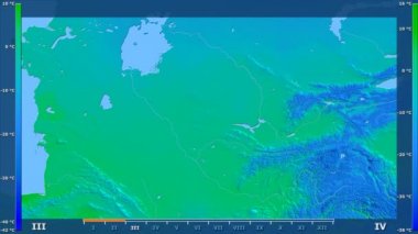 Animasyonlu efsanesi - ham renk shader ile Özbekistan alanında minimum sıcaklığı aya göre. Sterografik projeksiyon