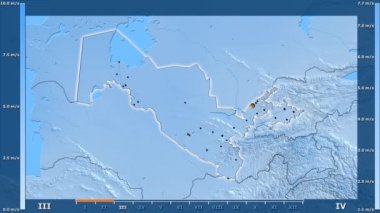 Hız animasyonlu efsanesi - parlayan şekli, idari sınırları, ana şehirler, sermaye ile Özbekistan alanında aya göre rüzgar. Sterografik projeksiyon
