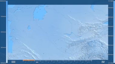 Rüzgar hızı animasyonlu efsanesi - ham renk shader ile Özbekistan alanında aya göre. Sterografik projeksiyon