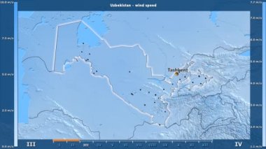 Rüzgar hızı aya göre animasyonlu efsanesi - İngilizce etiketleri ile Özbekistan alanında: ülke ve sermaye adları, açıklama göster. Sterografik projeksiyon