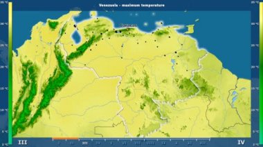 Aya göre maksimum sıcaklık animasyonlu efsanesi - İngilizce etiketleri ile Venezuela alanında: ülke ve sermaye adları, açıklama göster. Sterografik projeksiyon