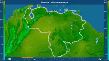 Venezuela alanda animasyonlu gösterge - İngilizce etiketleri ile aya göre minimum sıcaklığı: ülke ve sermaye adları, açıklama göster. Sterografik projeksiyon