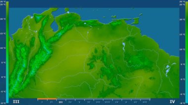 Animasyonlu efsanesi - ham renk shader ile Venezuela alanında minimum sıcaklığı aya göre. Sterografik projeksiyon