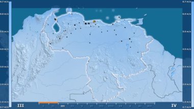 Hız animasyonlu efsanesi - parlayan şekli, idari sınırları, ana şehirler, sermaye ile Venezuela alanında aya göre rüzgar. Sterografik projeksiyon