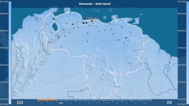 Rüzgar hızı aya göre animasyonlu efsanesi - İngilizce etiketleri ile Venezuela alanında: ülke ve sermaye adları, açıklama göster. Sterografik projeksiyon