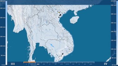 Animasyonlu efsanesi - parlayan şekli, idari sınırları, ana şehirler, sermaye ile Vietnam alan yağış aya göre. Sterografik projeksiyon