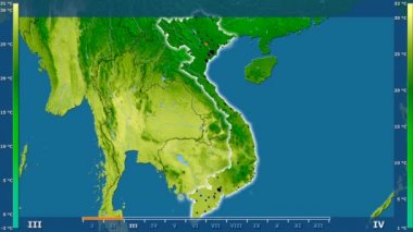 Animasyonlu efsanesi - parlayan şekli, idari sınırları, ana şehirler, sermaye ile Vietnam alanında ortalama sıcaklık aya göre. Sterografik projeksiyon