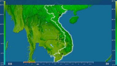 Animasyonlu efsanesi - parlayan şekli, idari sınırları, ana şehirler, sermaye ile Vietnam alanında minimum sıcaklığı aya göre. Sterografik projeksiyon