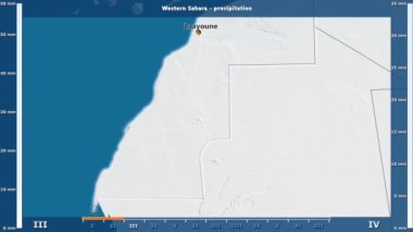 Batı Sahra alanında animasyonlu efsanesi - İngilizce etiketleri ile aya göre Yağış: ülke ve sermaye adları, açıklama göster. Sterografik projeksiyon