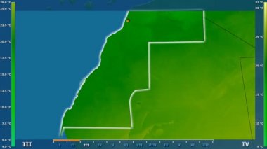 Batı Sahra alanında animasyonlu efsanesi - parlayan şekli, idari sınırları, ana şehirler, sermaye ile ortalama sıcaklık aya göre. Sterografik projeksiyon