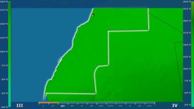 Batı Sahra alanında animasyonlu efsanesi - parlayan şekli, idari sınırları, ana şehirler, sermaye ile minimum sıcaklığı aya göre. Sterografik projeksiyon