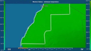 Batı Sahra alanında animasyonlu efsanesi - İngilizce etiketleri ile aya göre minimum sıcaklığı: ülke ve sermaye adları, açıklama göster. Sterografik projeksiyon
