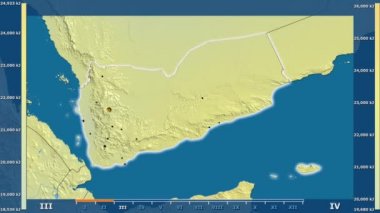 Animasyonlu efsanesi - parlayan şekli, idari sınırları, ana şehirler, sermaye ile Yemen alanında güneş radyasyonu aya göre. Sterografik projeksiyon