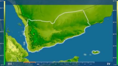 Animasyonlu efsanesi - parlayan şekli, idari sınırları, ana şehirler, sermaye ile Yemen alanında ortalama sıcaklık aya göre. Sterografik projeksiyon