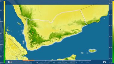 Animasyonlu efsanesi - parlayan şekli, idari sınırları, ana şehirler, sermaye ile Yemen alanında maksimum sıcaklık aya göre. Sterografik projeksiyon