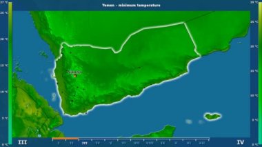Animasyonlu efsanesi - İngilizce etiketleri ile Yemen alanında aya göre minimum sıcaklığı: ülke ve sermaye adları, açıklama göster. Sterografik projeksiyon