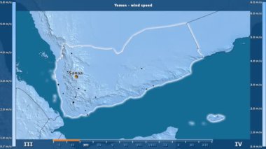 Rüzgar hızı aya göre animasyonlu efsanesi - İngilizce etiketleri ile Yemen alanında: ülke ve sermaye adları, açıklama göster. Sterografik projeksiyon
