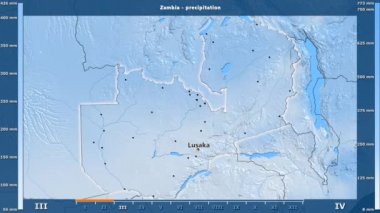 Animasyonlu efsanesi - İngilizce etiketleri ile Zambiya alanında aylık Yağış: ülke ve sermaye adları, açıklama göster. Sterografik projeksiyon