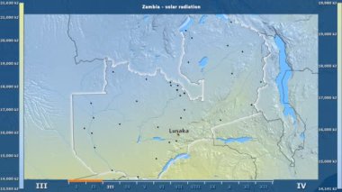 Aya göre güneş radyasyonu animasyonlu efsanesi - İngilizce etiketleri ile Zambiya alanında: ülke ve sermaye adları, açıklama göster. Sterografik projeksiyon