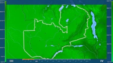 Animasyonlu efsanesi - parlayan şekli, idari sınırları, ana şehirler, sermaye ile Zambiya alanında minimum sıcaklığı aya göre. Sterografik projeksiyon