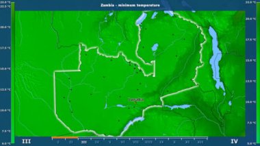 Animasyonlu efsanesi - İngilizce etiketleri ile Zambiya alanında aya göre minimum sıcaklığı: ülke ve sermaye adları, açıklama göster. Sterografik projeksiyon