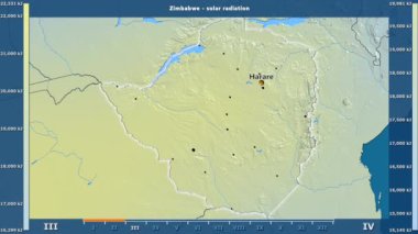 Aya göre güneş radyasyonu animasyonlu efsanesi - İngilizce etiketleri ile Zimbabve alanında: ülke ve sermaye adları, açıklama göster. Sterografik projeksiyon