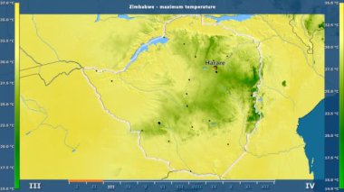 Aya göre maksimum sıcaklık animasyonlu efsanesi - İngilizce etiketleri ile Zimbabve alanında: ülke ve sermaye adları, açıklama göster. Sterografik projeksiyon