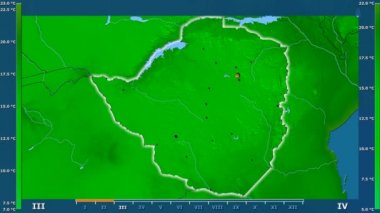 Animasyonlu efsanesi - parlayan şekli, idari sınırları, ana şehirler, sermaye ile Zimbabve alanında minimum sıcaklığı aya göre. Sterografik projeksiyon