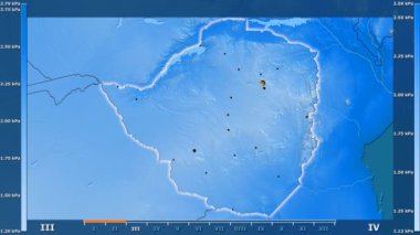 Animasyonlu gösterge - parlayan şekli, idari sınırları, ana şehirler, sermaye ile Zimbabve bölgede su buharı basıncı aya göre. Sterografik projeksiyon
