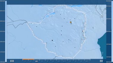 Hız animasyonlu efsanesi - parlayan şekli, idari sınırları, ana şehirler, sermaye ile Zimbabve alanında aya göre rüzgar. Sterografik projeksiyon