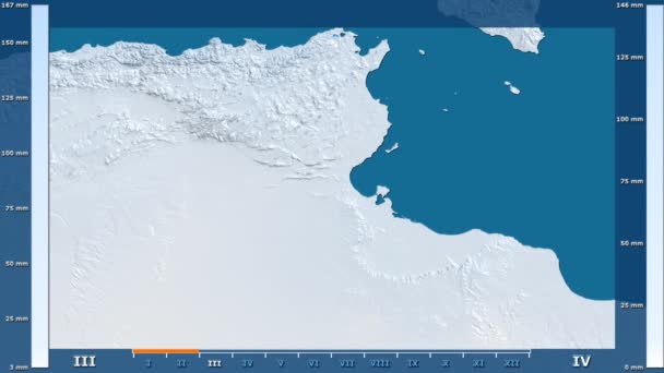 Curah Hujan Pada Bulan Wilayah Tunisia Dengan Legenda Animasi Warna — Stok Video