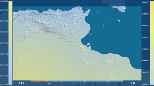 アニメーションの伝説 Raw カラー シェーダーをチュニジア地区月別日射量 平射図法 — ストック動画