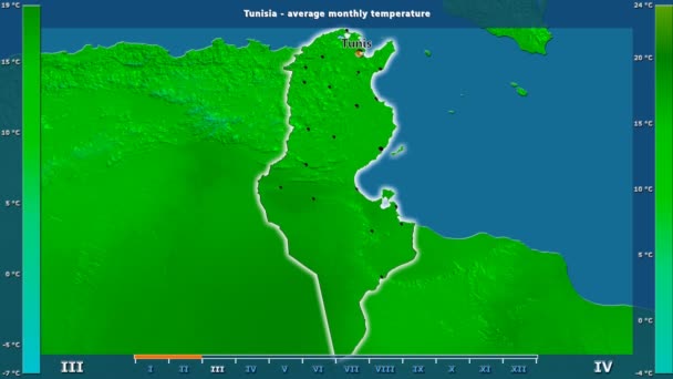 平均温度按月在突尼斯区域以生动的传奇 英国标签 国家和资本名字 地图描述 球极投影 — 图库视频影像