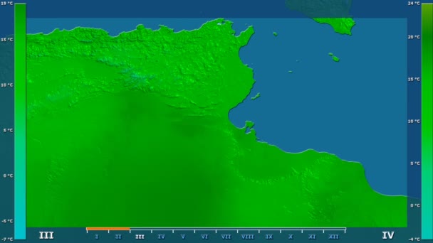 Medeltemperatur Månad Området Tunisien Med Animerade Legend Raw Färg Shader — Stockvideo